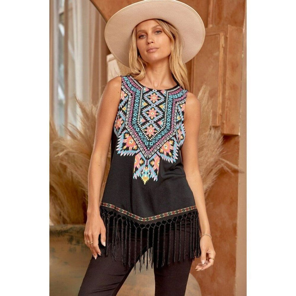 Andree By Unit Savanna Jane Aztec Fringe Tribal Top Western Boho T10962 sale!